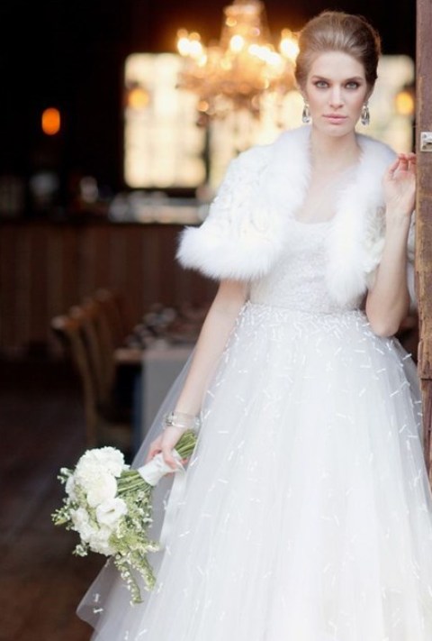 White Wedding Dress with Feather Wrap